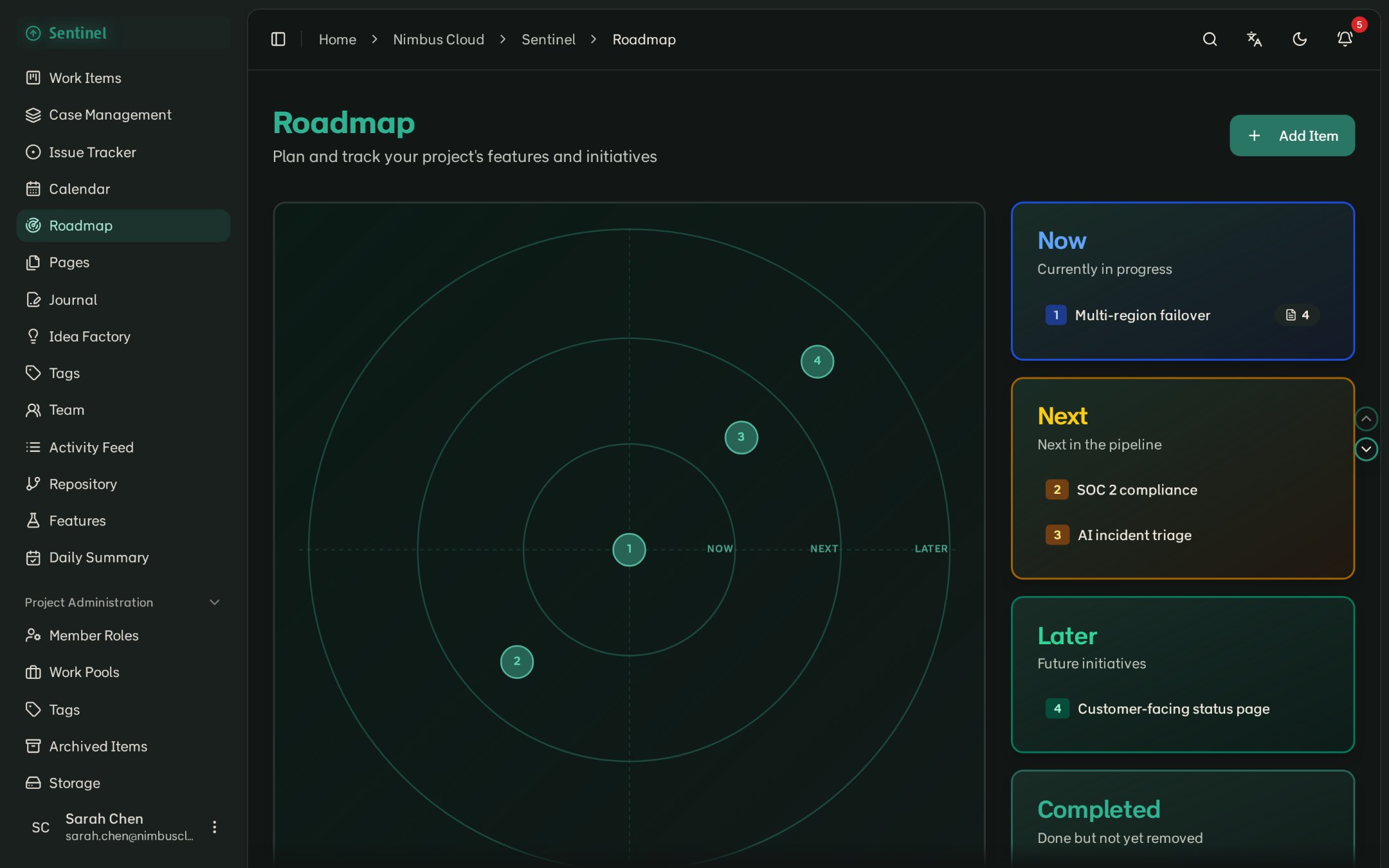 The Roadmap radar with four initiatives plotted across the Now, Next and Later rings, and the same initiatives listed by horizon on the right.